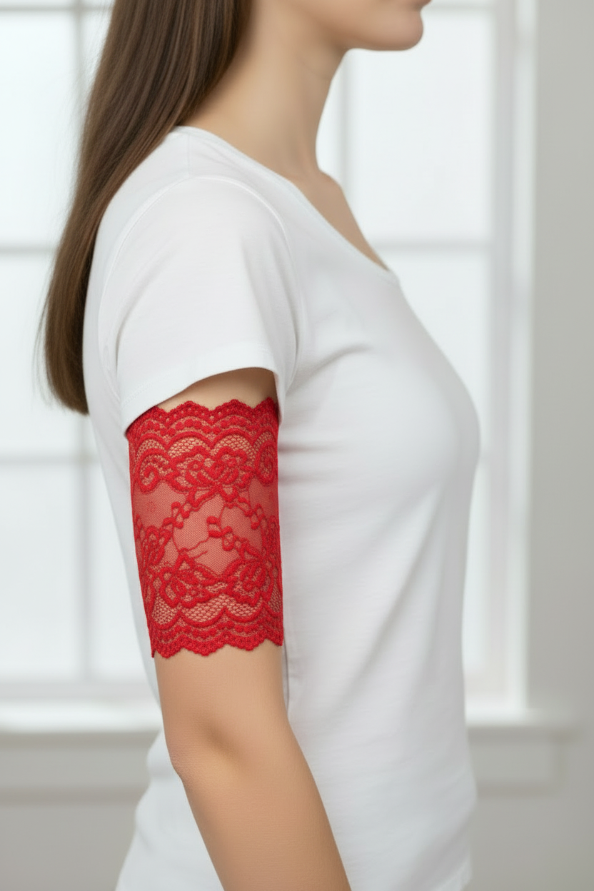 6" red lace cover on model
