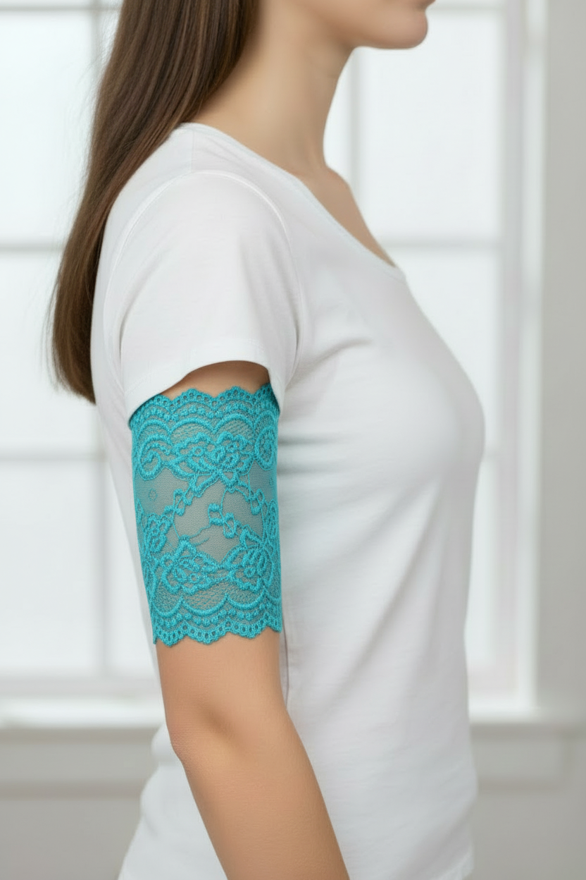 6" turquoise lace cover on model