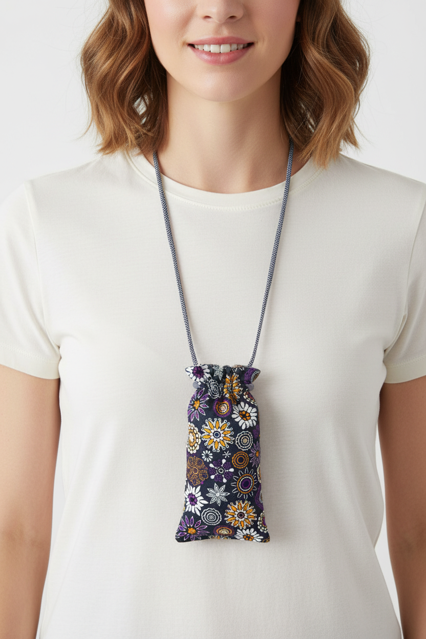 Hickman Line bag with 60s floral pattern worn as lanyard