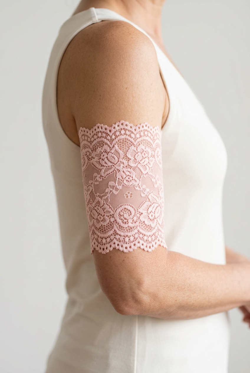 Baby pink lace PICC cover on a model