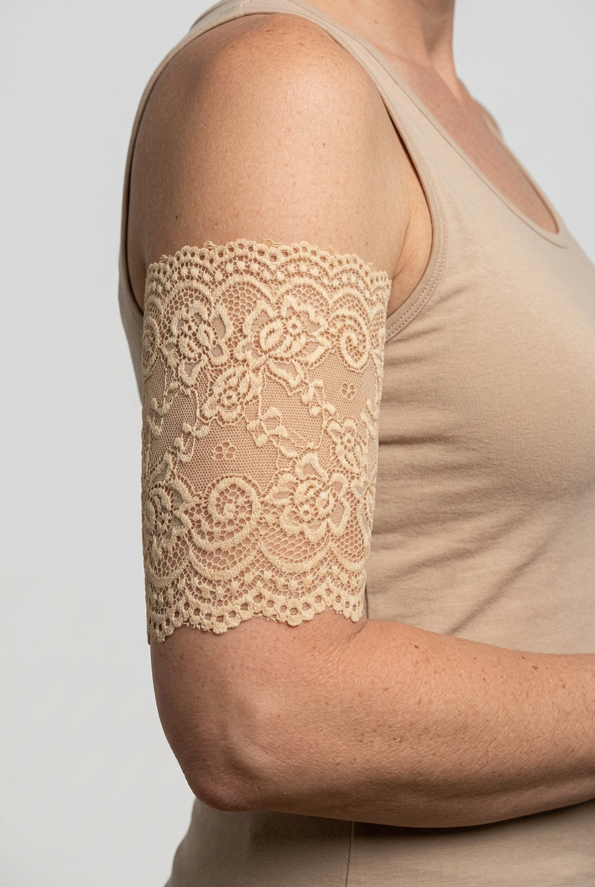 Beige lace cover on a model’s upper arm just above the elbow