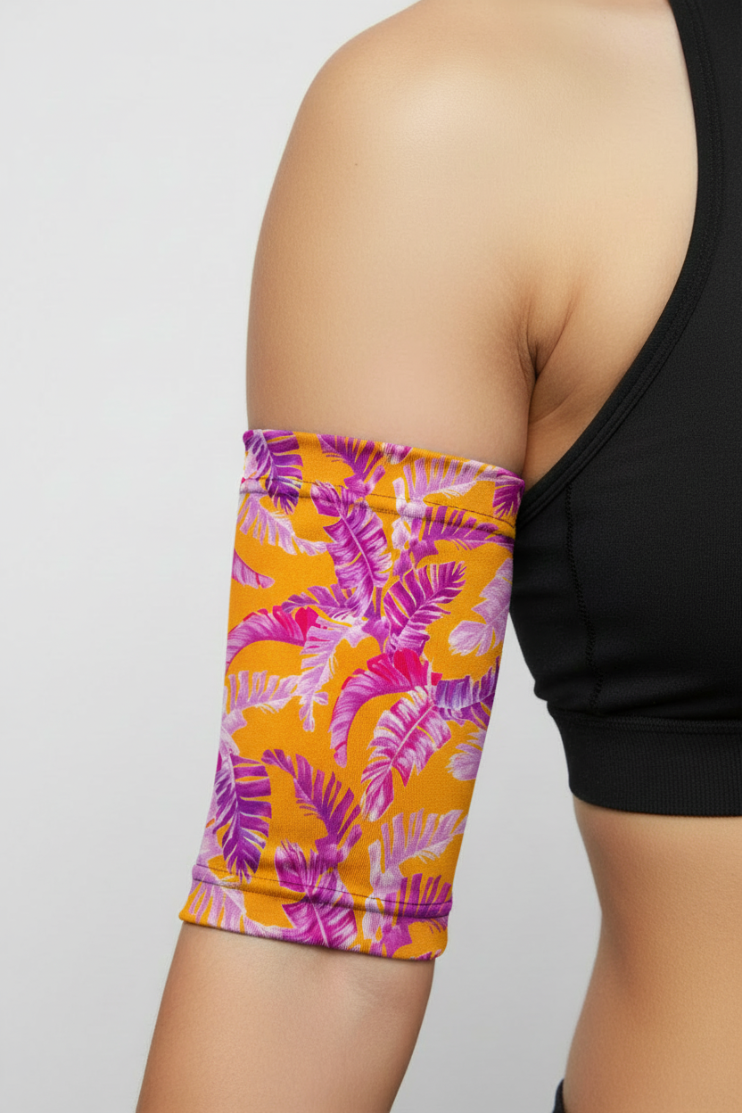 Bicep cover in orange and lilac leaf pattern