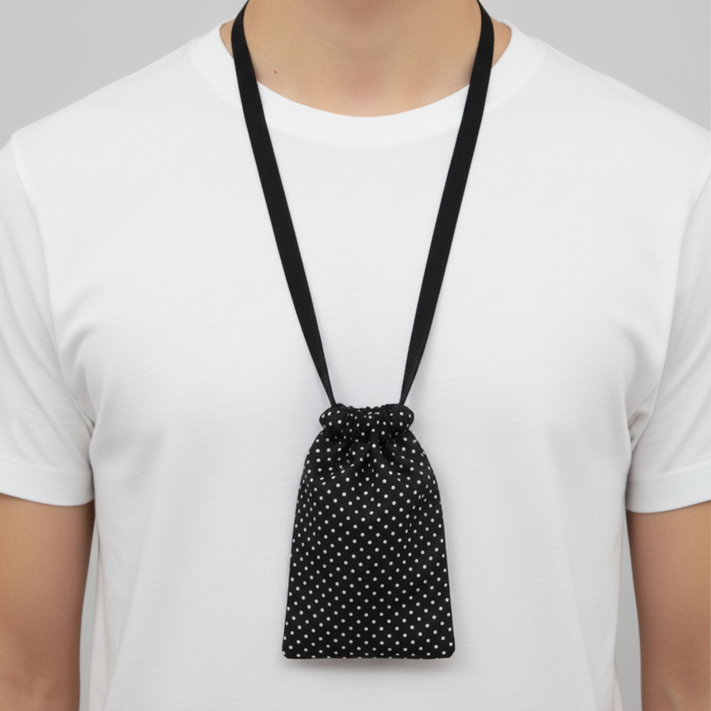 Black and white polka dot lanyard with black straps