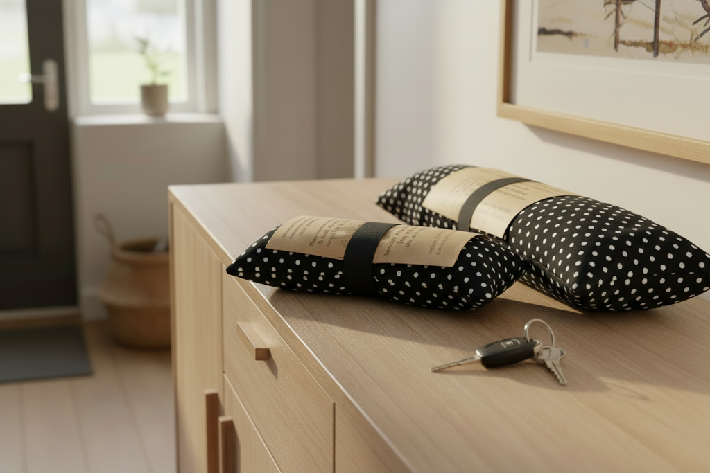 Black polka dot seat belt pads - two sizes on sideboard