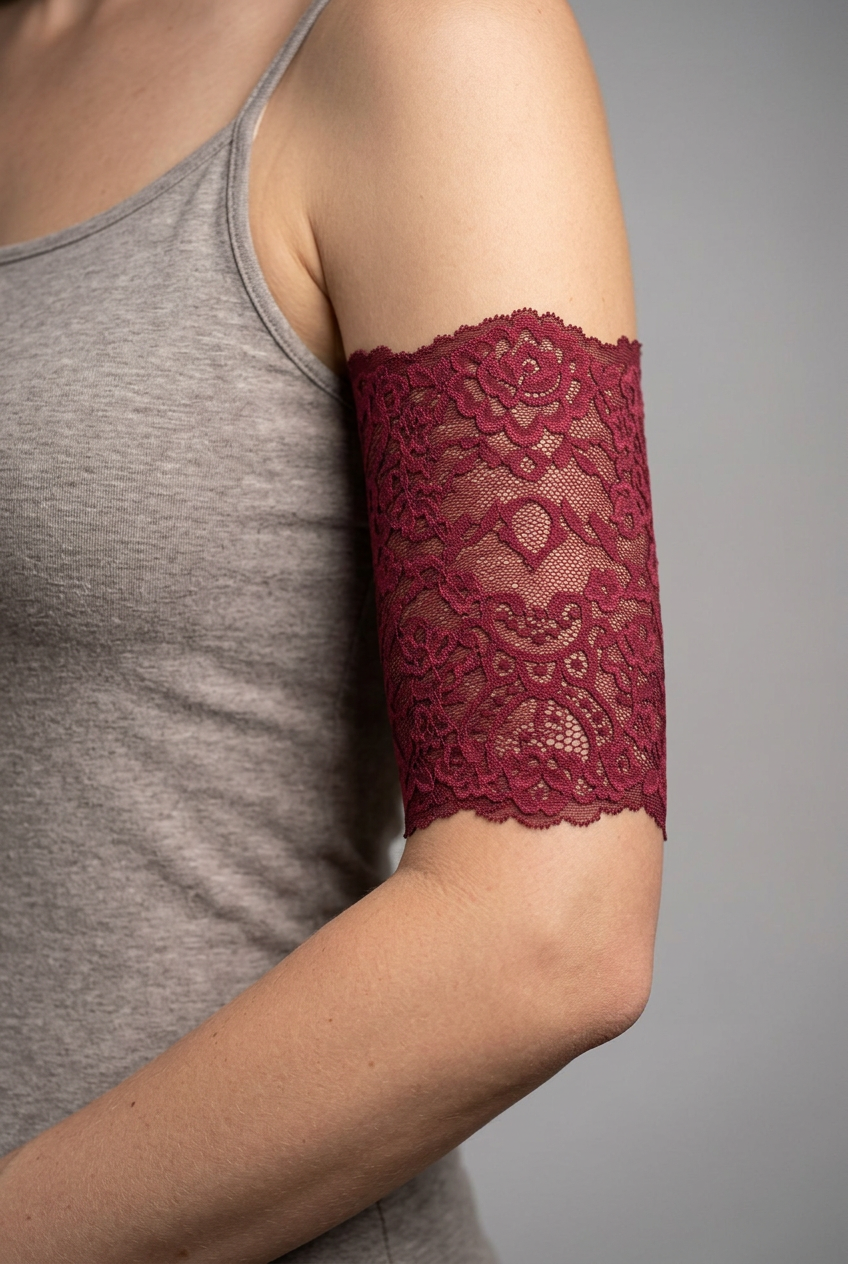 Burgundy lace cover on a model’s upper arm just above the elbow