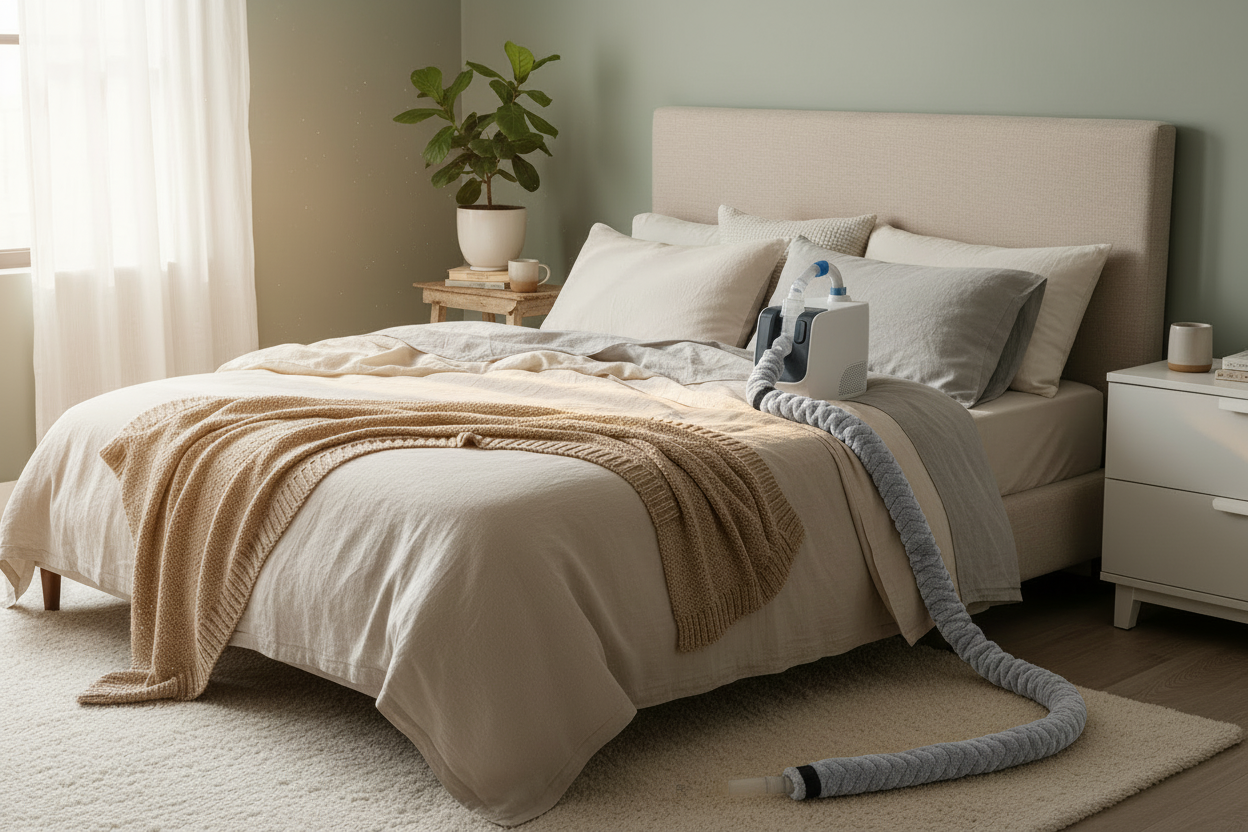 CPAP machine with grey wave fleece covered hose in bedroom