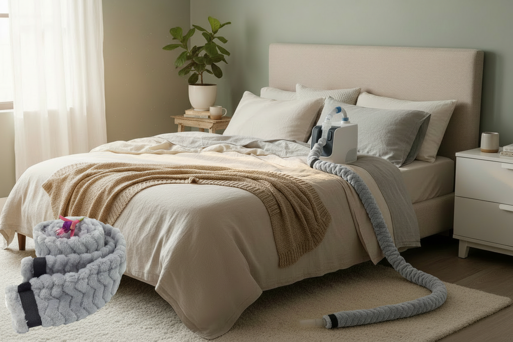 CPAP setup with rolled hose cover overlay