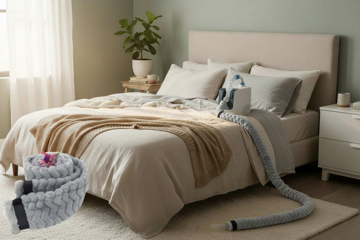 CPAP setup with rolled hose cover overlay