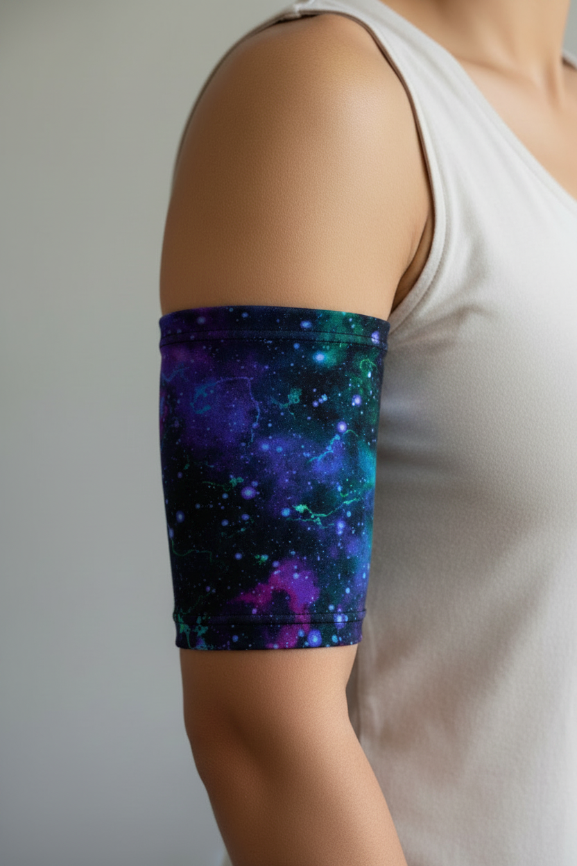 Dark galaxy PICC line cover on a male arm