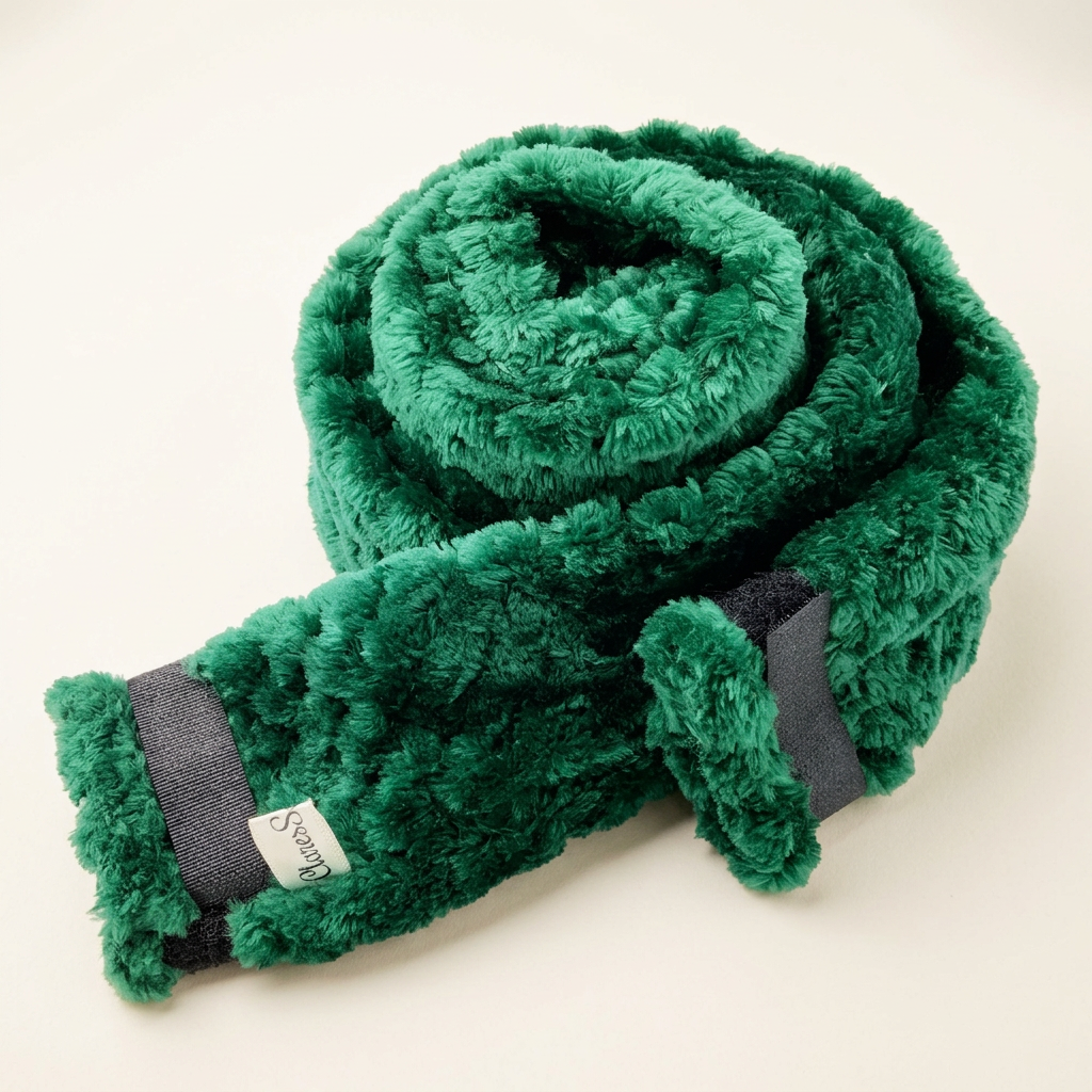 Green fleece hose cover, studio shot