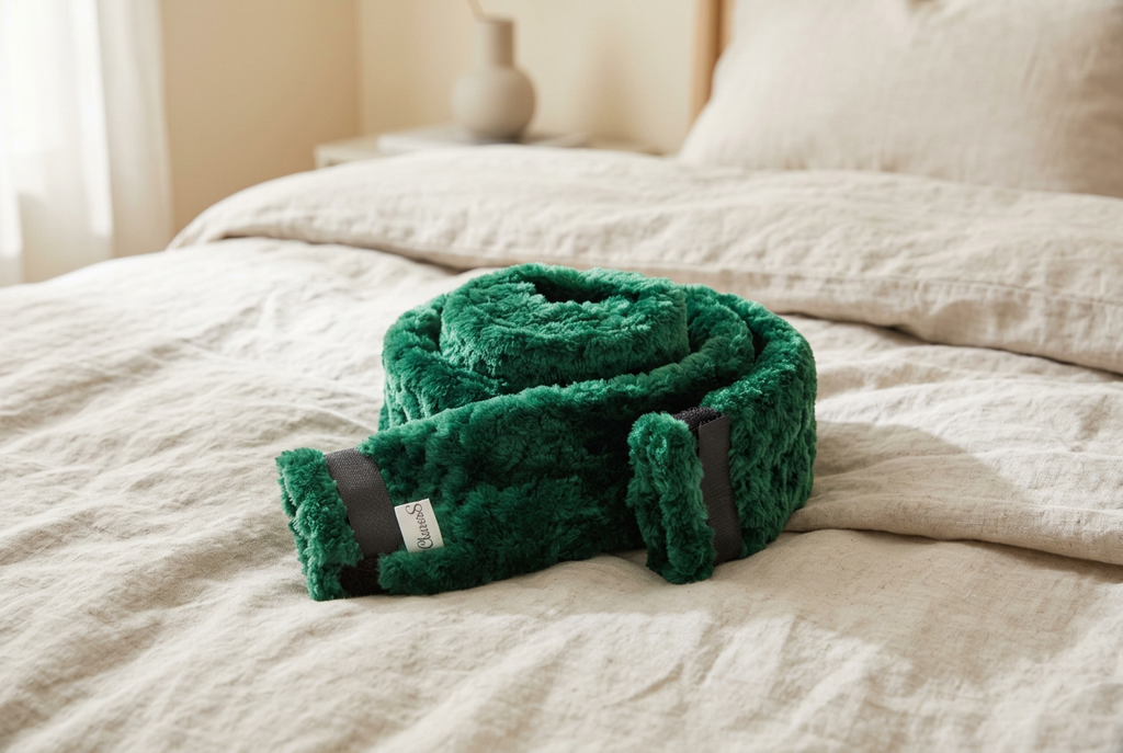 Green fleece hose cover styled on neutral bedding