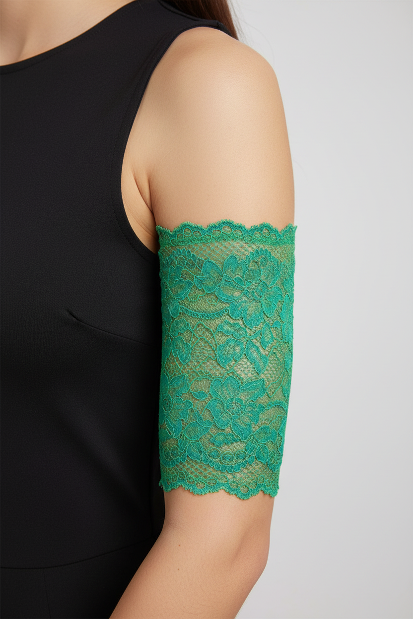 Green lace PICC cover near elbow