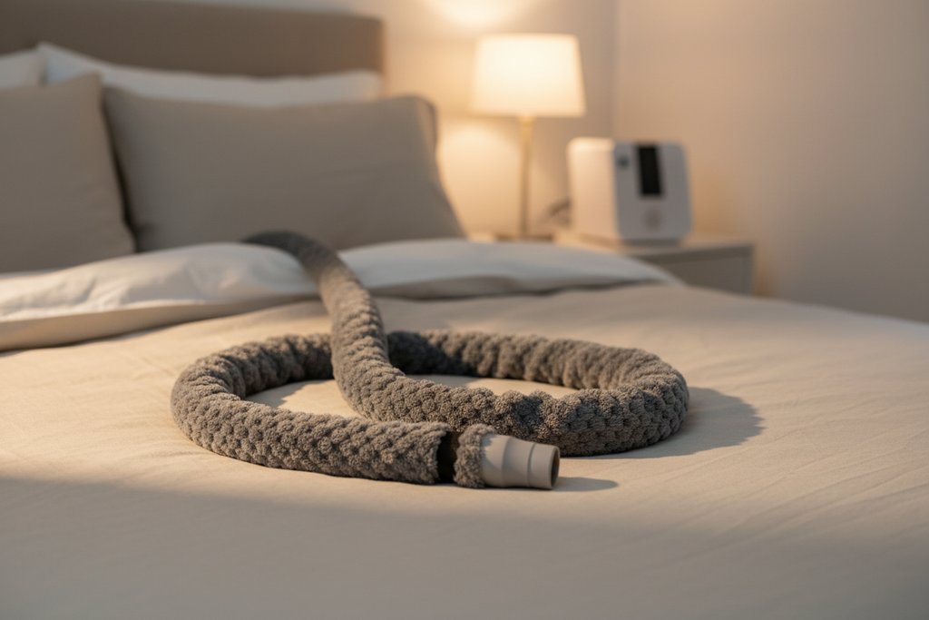 Grey Popcorn CPAP Hose — Bedroom Scene
