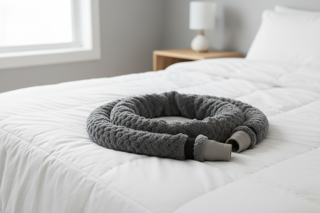 Grey Popcorn CPAP Hose Cover — Bright Bedroom Scene