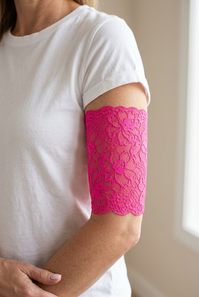Hot pink unlined lace PICC cover on an adult model