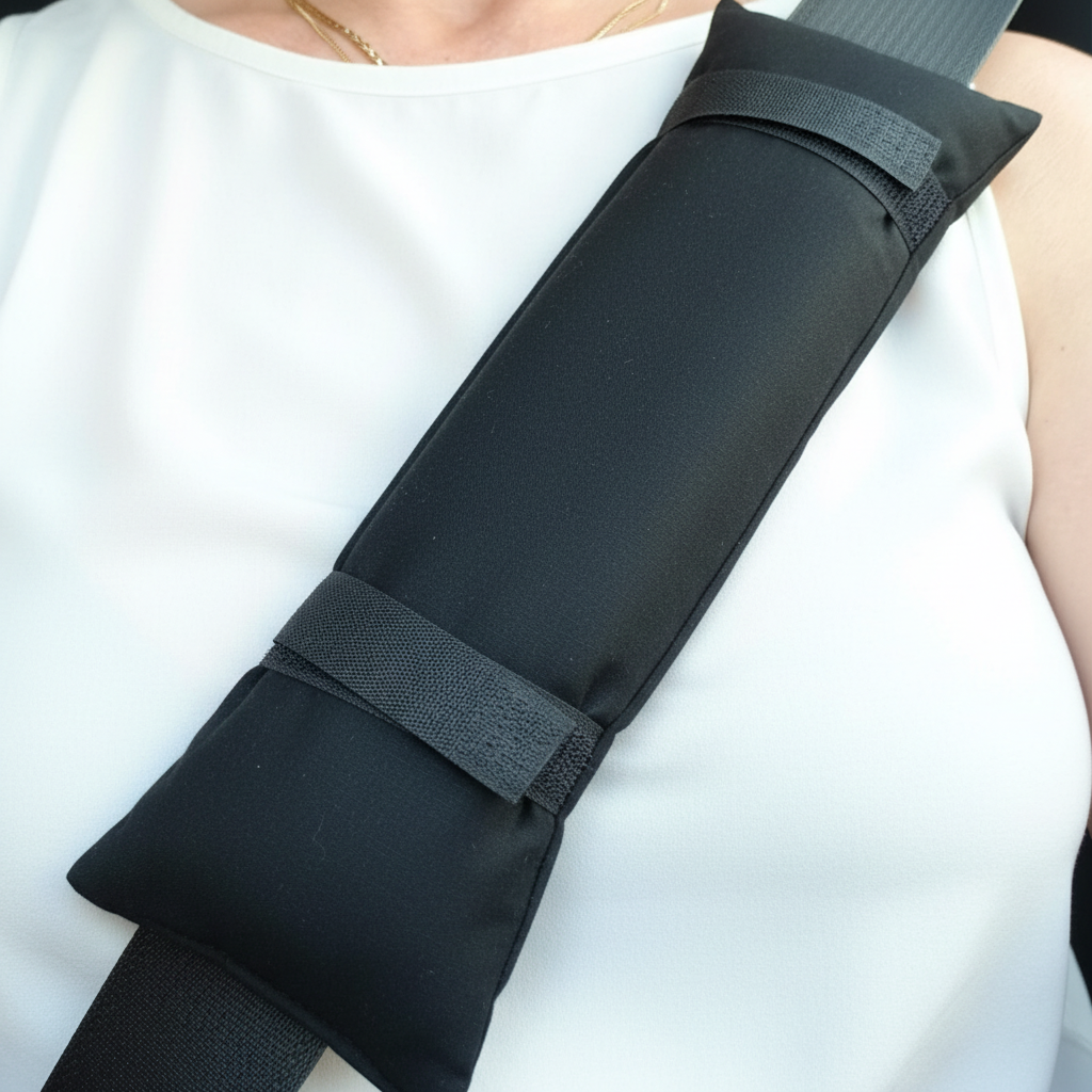 Car seatbelt pad lifestyle image - solid black pad on white top