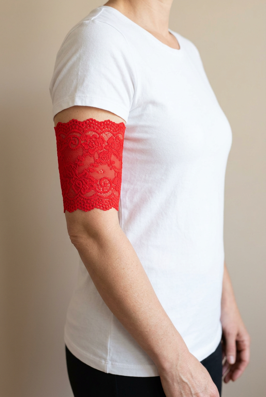 Red stretch lace PICC line cover worn on a clothed model's upper arm