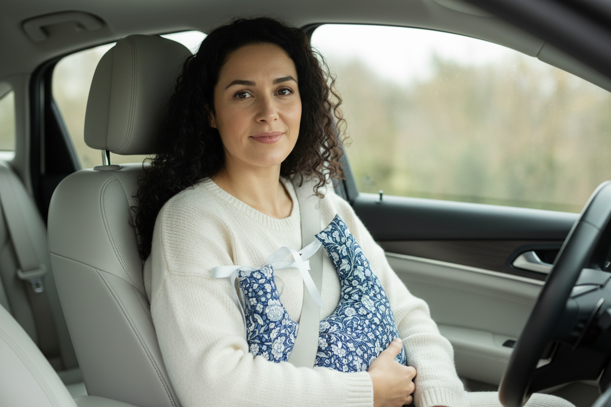 In-car model with navy floral cushion