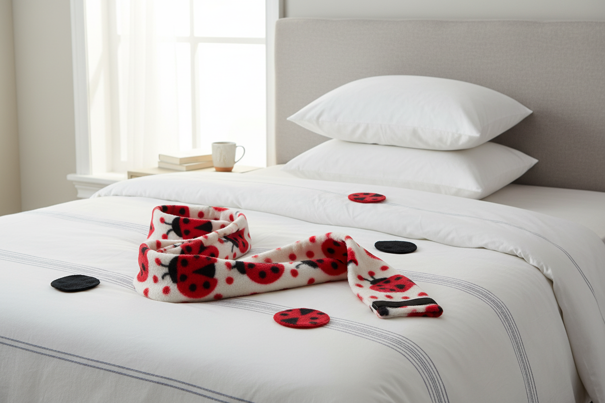 Red and White lady bug CPAP cover curled up on white bed