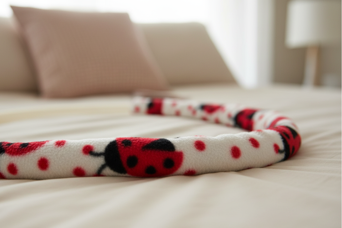 LadyBug CPAP hose cover on beige bedding
