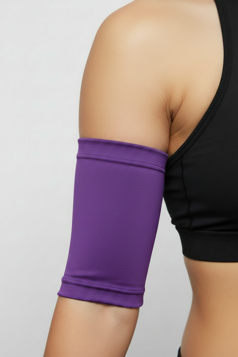 Model wearing a solid purple PICC cover