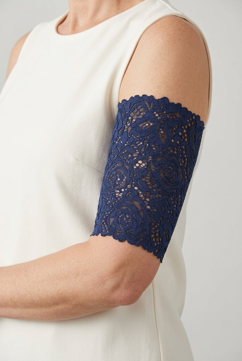 Navy lace PICC cover on a model
