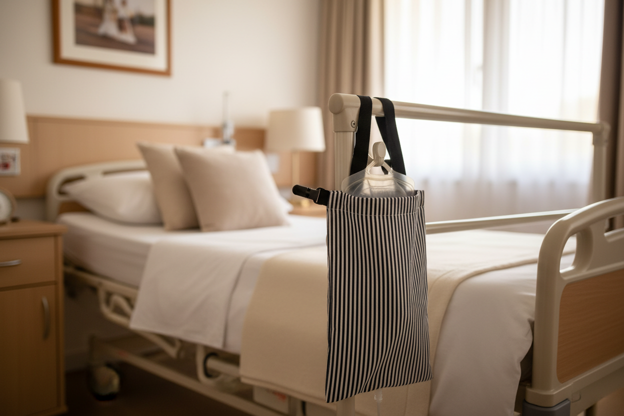 Navy Stripe Urinary Bag Cover - Hospital Bed Setting