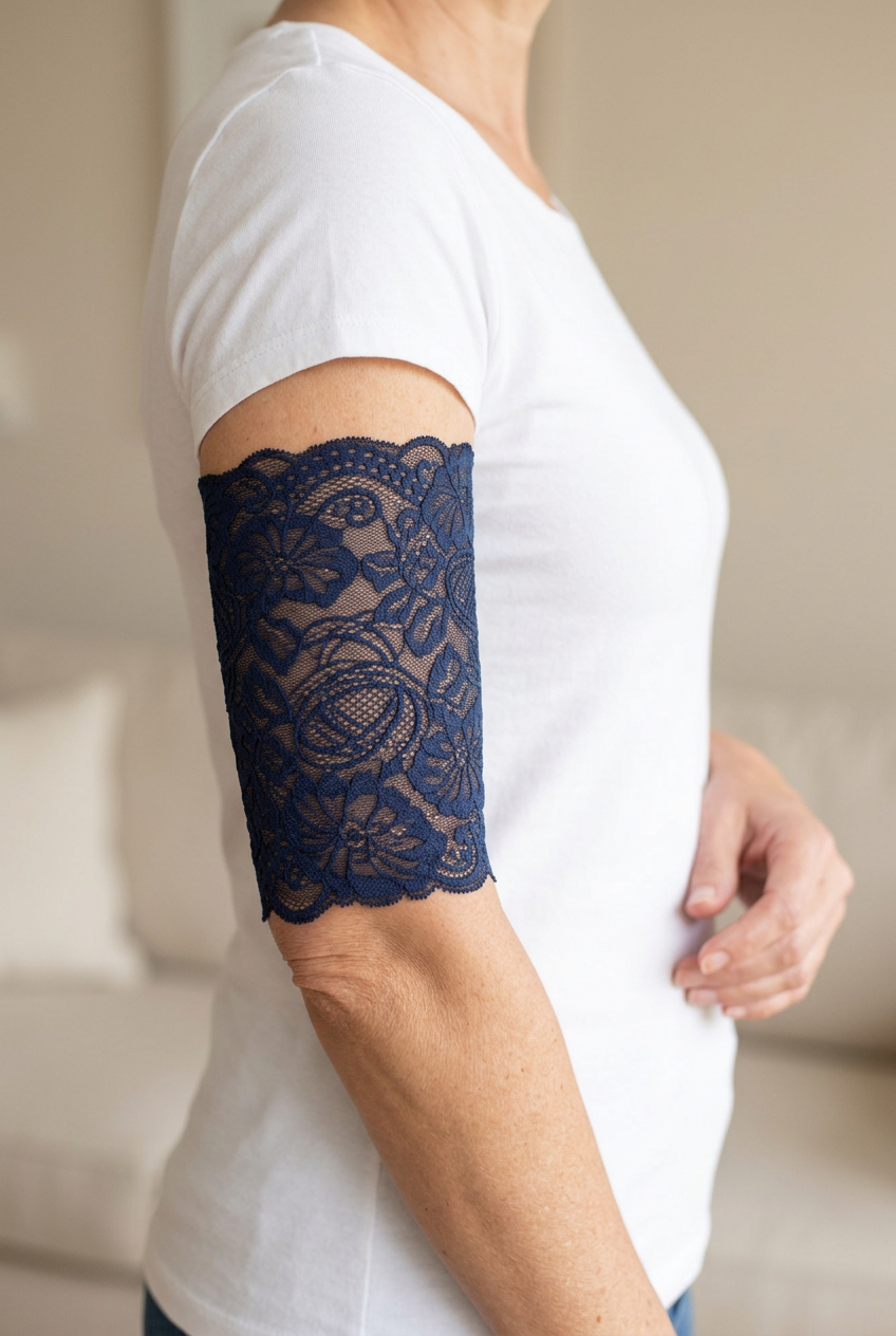 Navy unlined lace PICC cover on an adult model