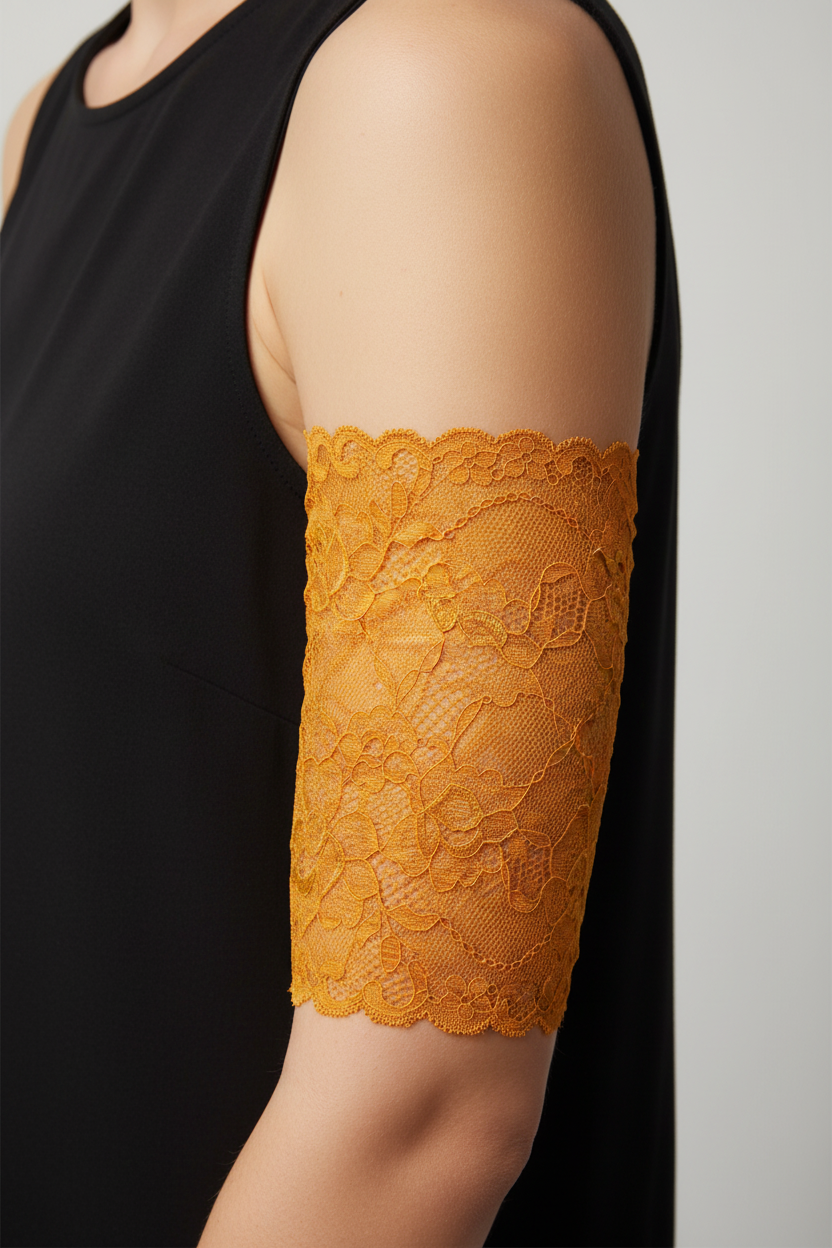 Orange lace PICC cover near elbow