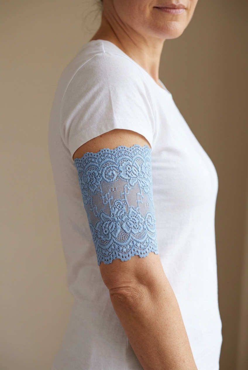Pale blue lace PICC cover worn on a clothed model's upper arm