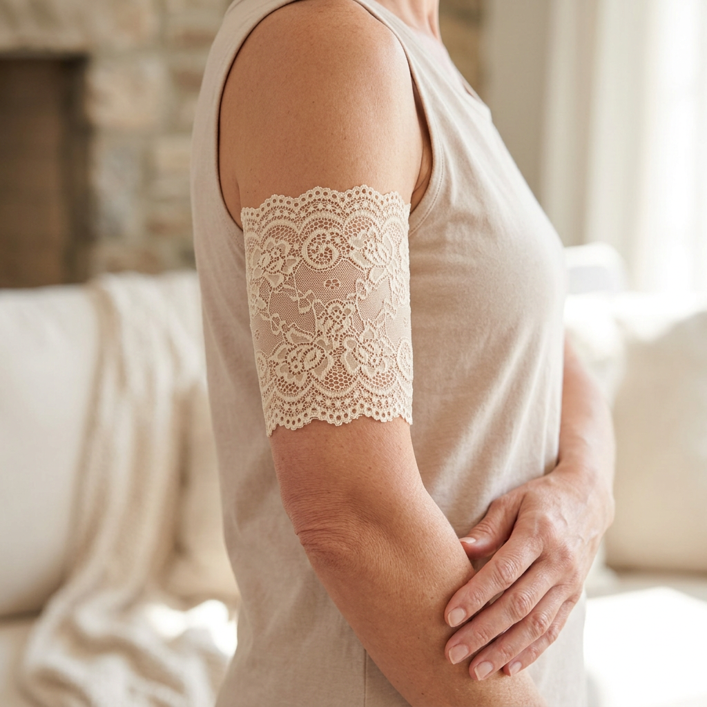 Pale skin-tone lace cover worn on a model