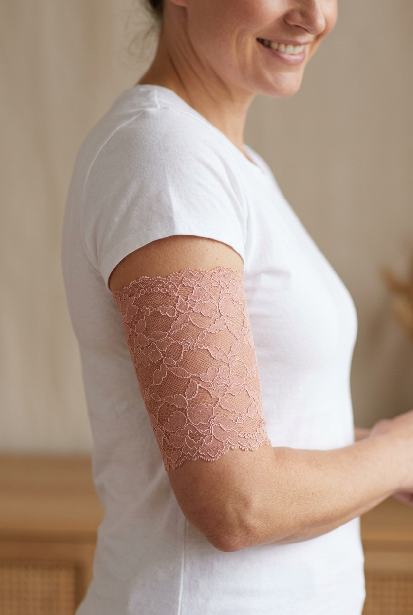 Pink #2 unlined lace PICC cover on an adult model