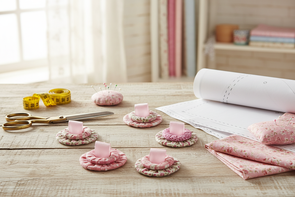 Pink Sewing Weights - Rustic Wood Background