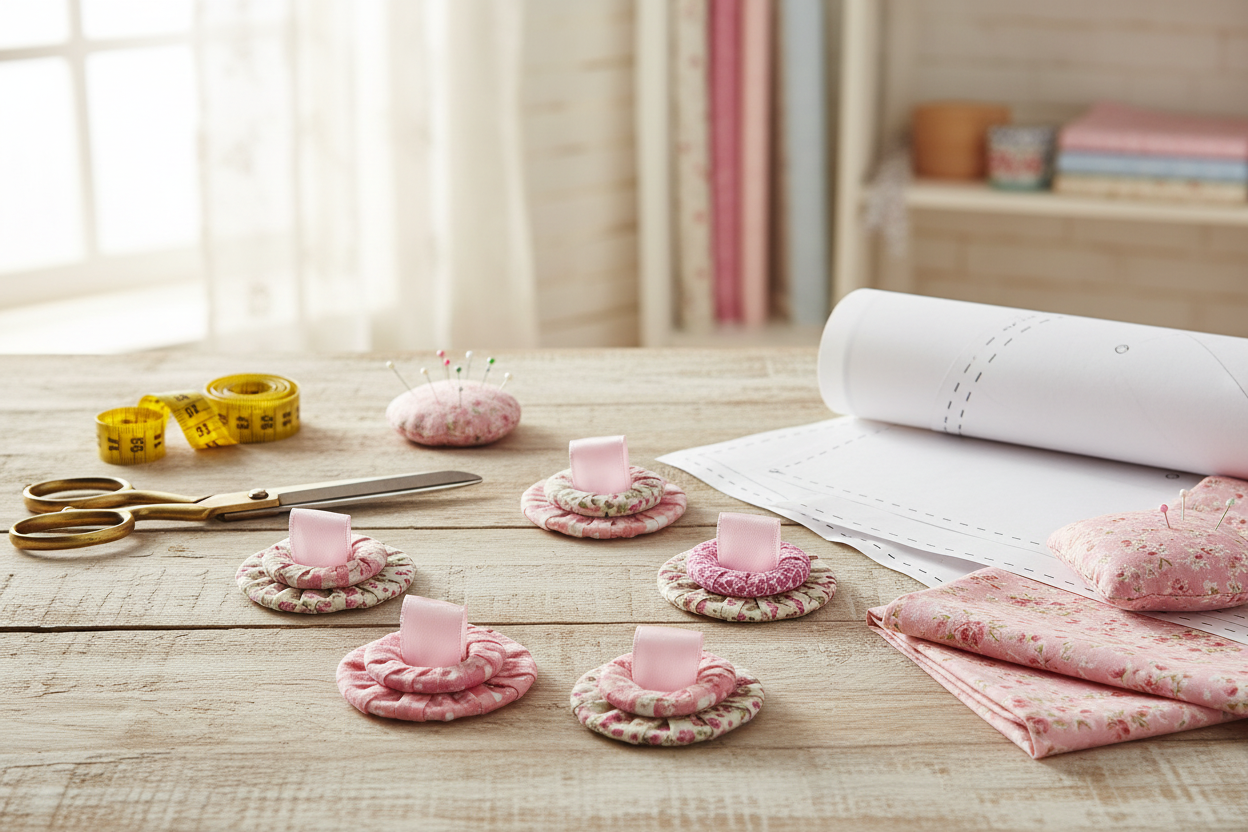 Pink Sewing Weights - Rustic Wood Background