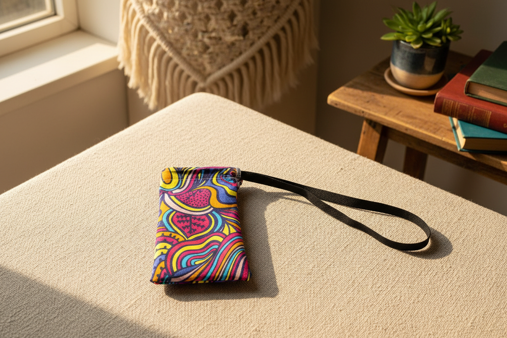Psychedelic drawstring bag with lifestyle background