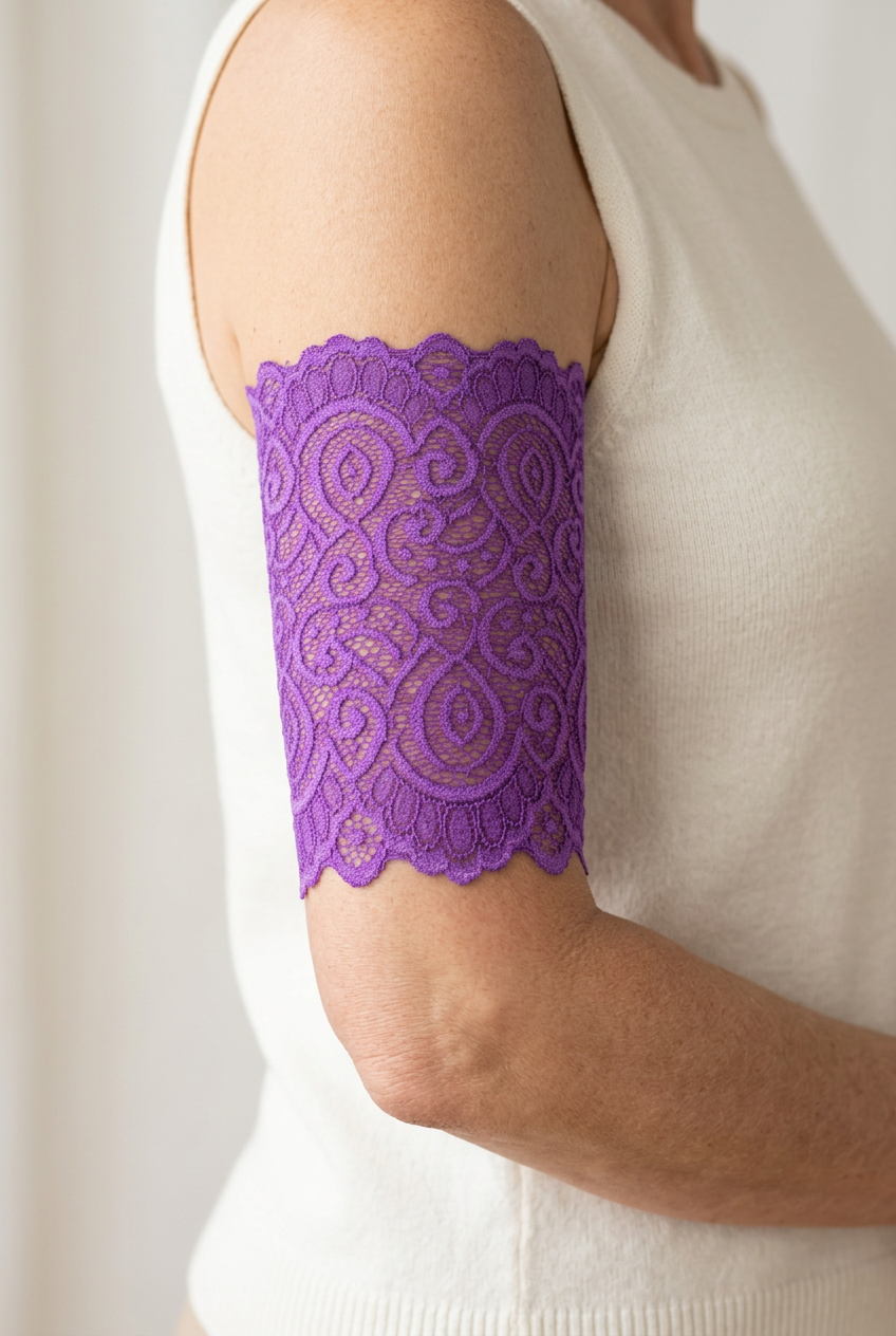 Purple lace PICC cover on a model