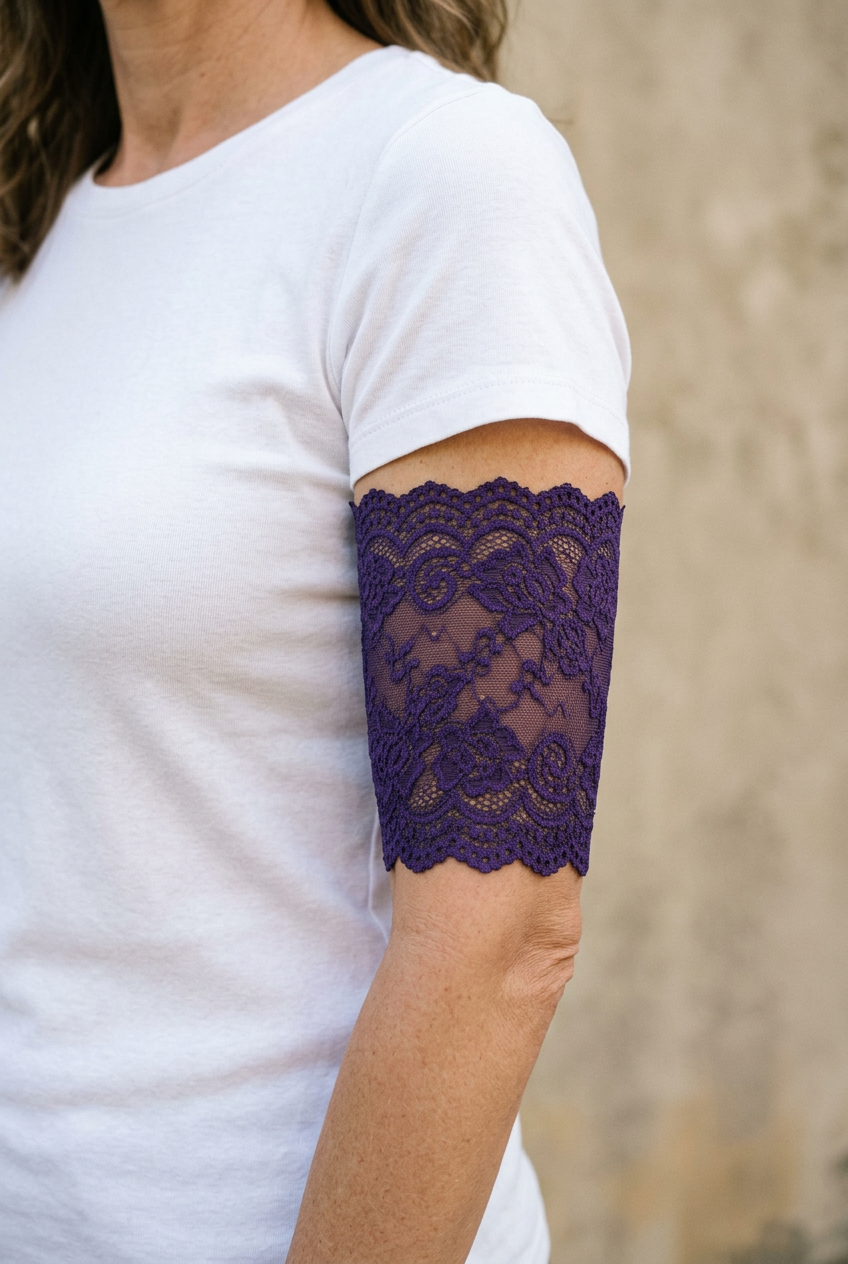Purple lace PICC cover worn on a clothed model's upper arm