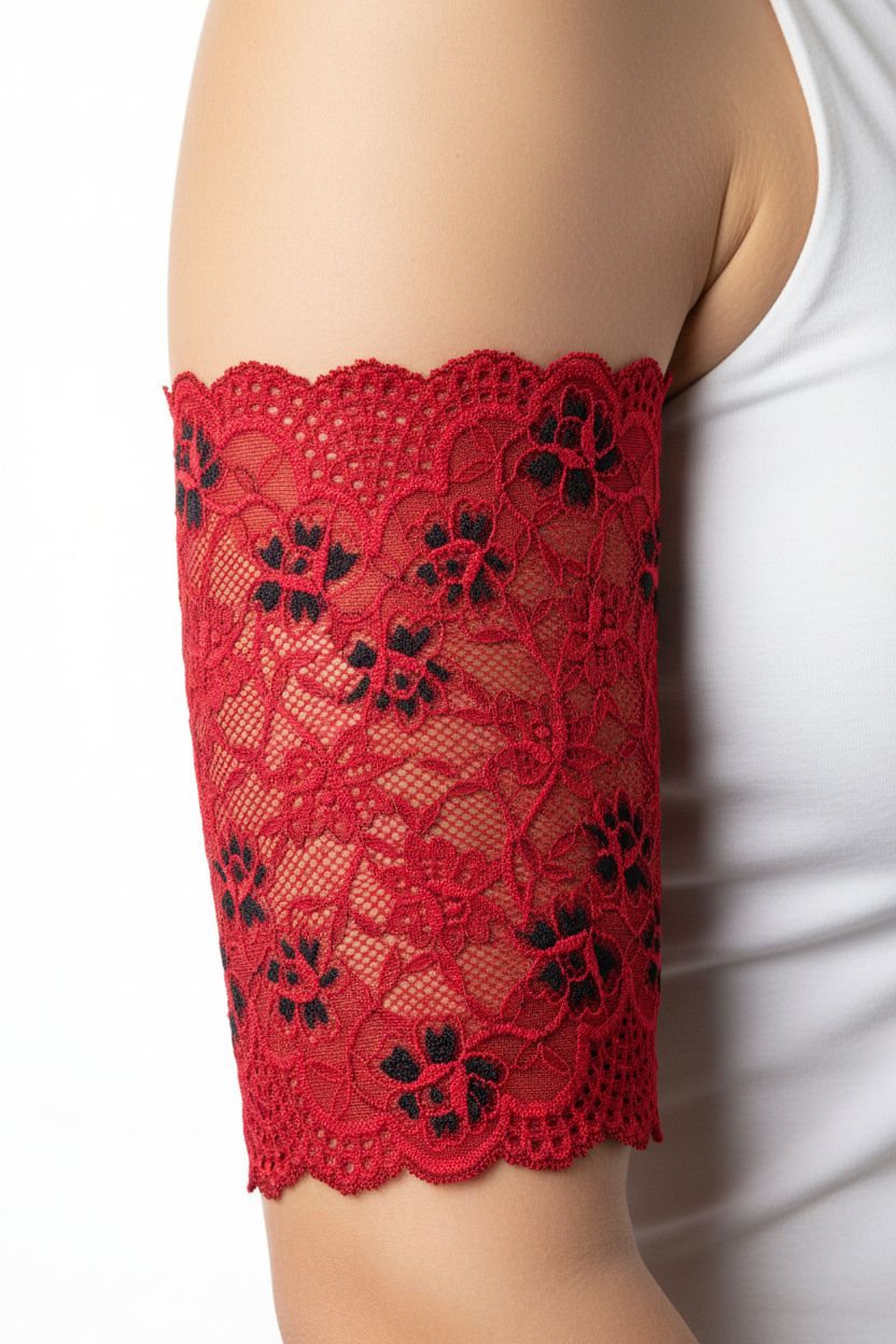 Red & Black Lace PICC Line Cover on Upper Arm