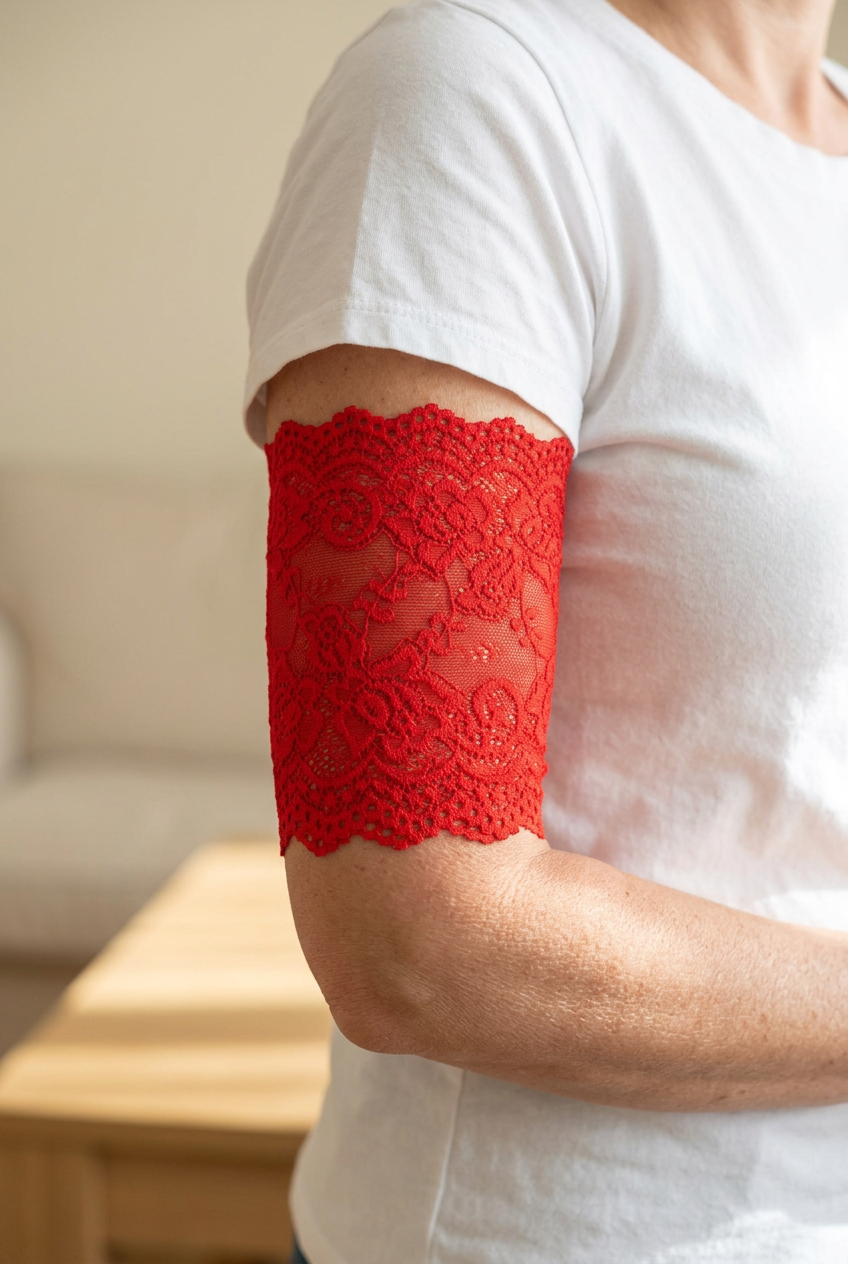Red unlined lace PICC cover on an adult model