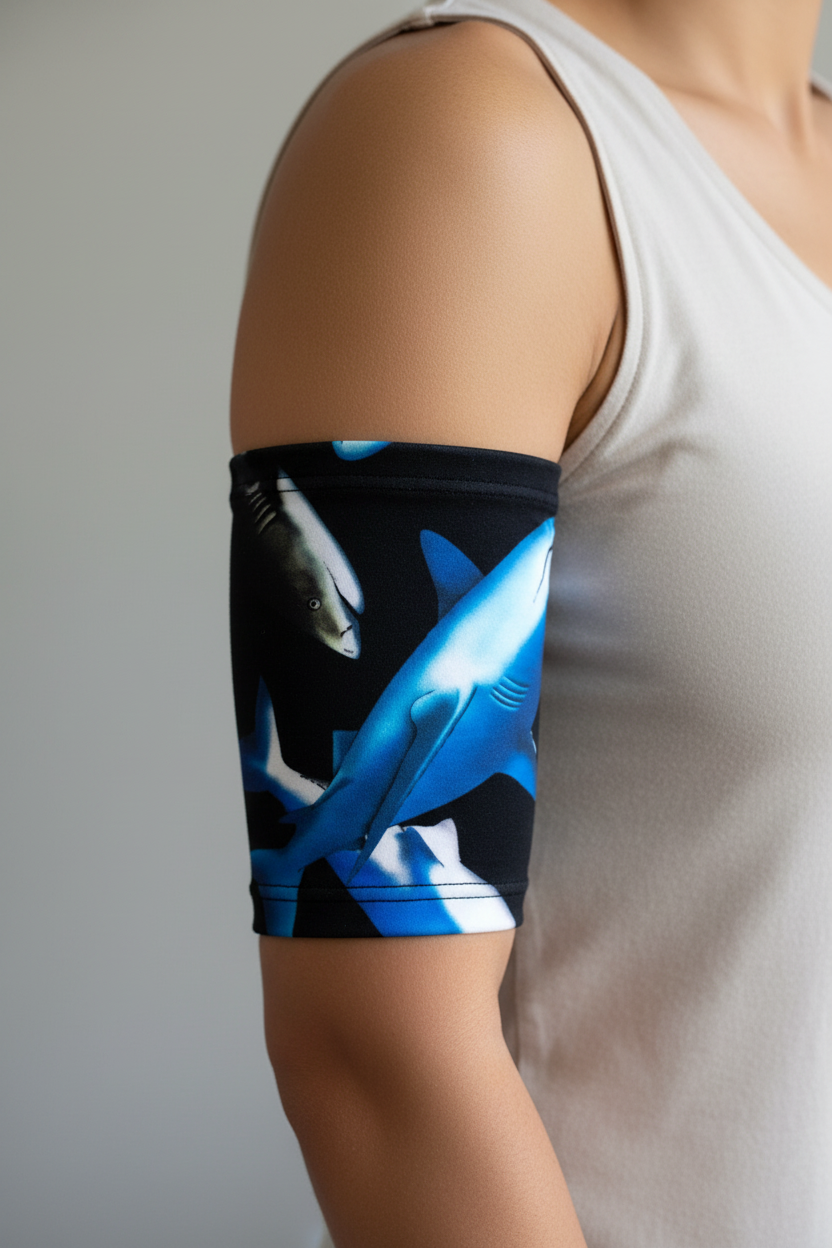 Sharks pattern PICC line cover - full upper arm coverage