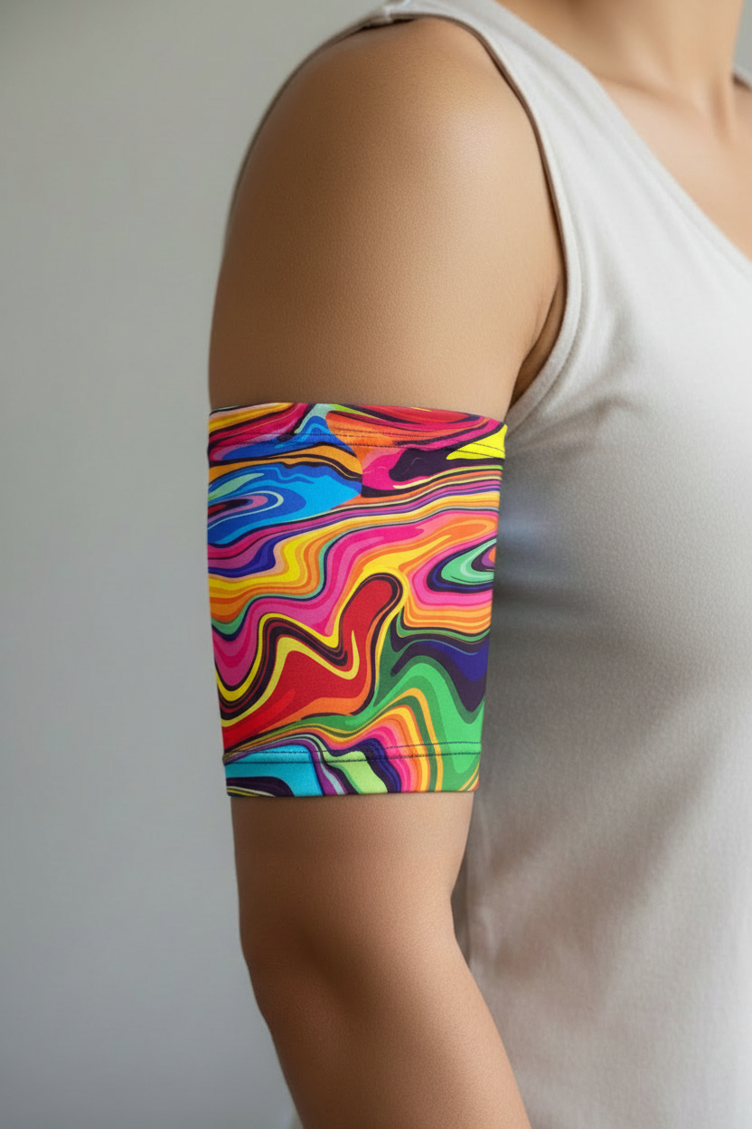 Slimmer male model wearing the psychedelic PICC cover