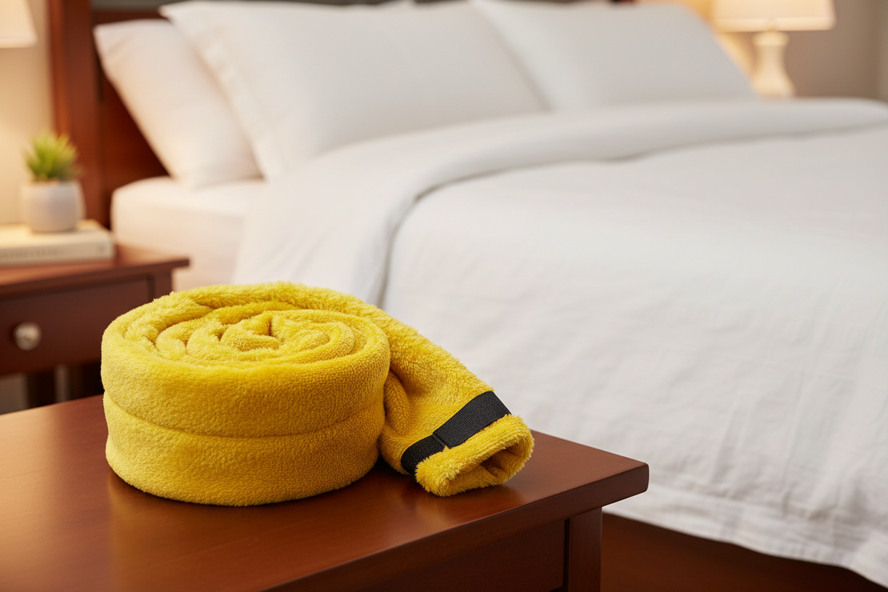 Yellow CPAP Hose Cover – Spiral Bedroom Scene